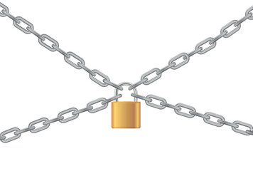 Padlock and chain. Gold metal chain and padlock, handcuffed card, vector