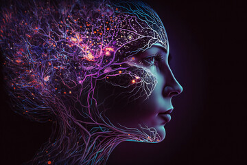 Woman head, double exposure with a glowing brain nervous network. Spiritual, transcendent, meditation concept. Created with Generative AI technology.