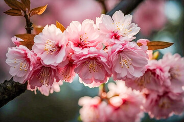 Spring cherry blossom closeup with blurred background. Created with Generative AI technology.