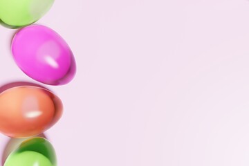 3d render of mint green, orange and pink color glass Easter eggs on a pastel pink background