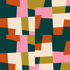 Abstract geometric vector background with random pattern of simple shapes like rectangle, square, triangle and polygon. Pastel colored retro style colorful mosaic.
