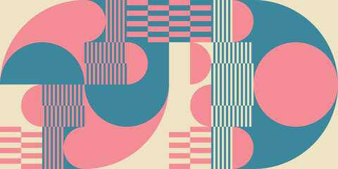 Modern vector abstract  geometric background with circles, rectangles, squares and stripes  in retro Bauhaus style. Pastel colored - 578314560