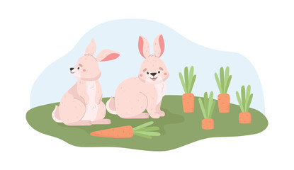 Bunnies in garden yard with carrots, flat vector illustration isolated.