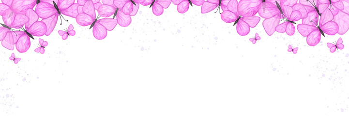 horizontal banner decor of watercolor  pink butterflies  hand drawn decoration with place for text