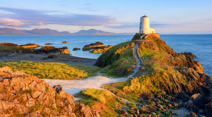 Panoramic view of the Twr Mawr Lighthouse on sunset, Wales, United Kingdom