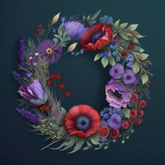 National Days. Colourful fresh floral wreaths for Anzac Day memorial celebrations, Purple, Green theme, Red poppy. Remembrance day banner. "Lest we forget." AI image