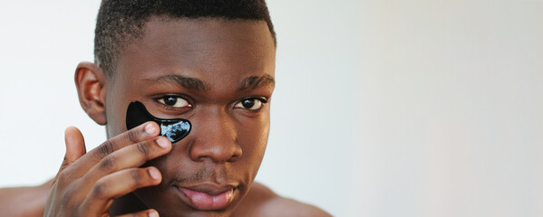 Cosmetic patches. Facial skincare. Anti wrinkles mask. Closeup portrait of man applying black hydrogel collagen face skin under eye pad on neutral empty space background.