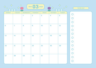 March 2023 simple design digital and printable calendar template illustration. Notes, scheduler, diary, calendar, memo, planner document template background. 