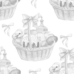 Easter holiday spring bunnies animals, chick, duckling, eggs, basket wicker cup ribbons and church decoration watercolor illustrations hand drawn set isolated on white background