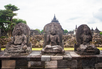 Statues in the Plaosan temple complex, Candi Plaosan, is one of the Buddhist temples located in Klaten Regency, Central Java, Indonesia. Plaosan temple was built in the mid 9th century.