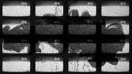 Analog TV glitch screen static noise. Channel interference. Black white grain texture old television set display with dark smoke abstract illustration background.