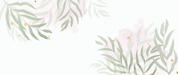 Obraz premium Elegant botanical vector background. Leaves tropical, branches, watercolor, watercolor brush strokes in pastel colors. Illustration design for wedding and vip cover template, banner.