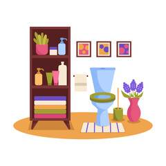 Bathroom interior. Toilet. Toilet bowl, toilet brush, shelf with staff, plant, vase of flowers, paintings. Vector graphic.