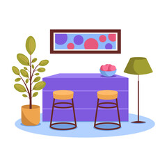 Kitchen interior. Bar counter, bar stools, plant, painting, lamp, fruit. Vector graphic.