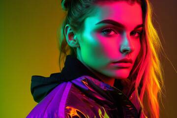 Fototapeta premium Portrait of a trendy young woman with bright clothing and bright neon lighting. Generative ai
