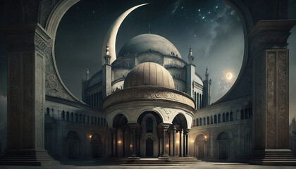 Fototapeta premium Ramadan's celebration background with Mosque and crescent moon at night, generative ai