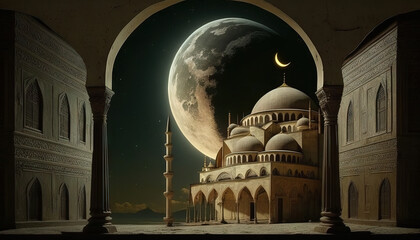 Fototapeta premium Ramadan's celebration background with Mosque and crescent moon at night, generative ai
