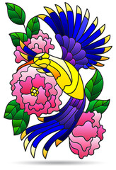 Illustration in the style of stained glass with bright bird on the branches of flowering plants, animal isolated on a white background