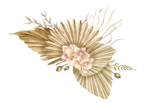 Dried Flowers in Boho style. Hand drawn watercolor illustration on isolated background for greeting cards or wedding invitations. Bohemian creamy bouquet with dry palm leaves in d pale pink orchids.