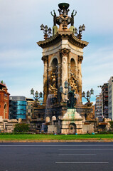 Amazing view of monumental fountain in the Spain square (Placa de Espanya) in downtown of Barcelona. Famous touristic place and travel destination in Barcelona, Spain