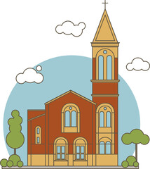 Fototapeta na wymiar Color Flat Line Style Classic Christian Church Building Illustration