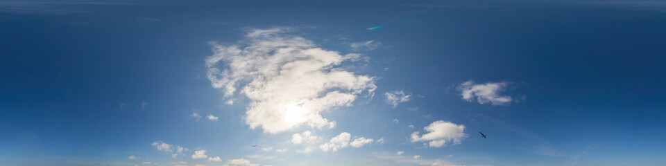 Blue sky panorama with puffy Cumulus clouds. Seamless hdr pano in spherical equirectangular format....