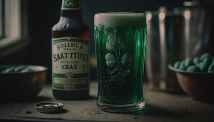 Fototapeta premium St. Patrick's Day celebration background. Glass with green liquid beer Generative ai