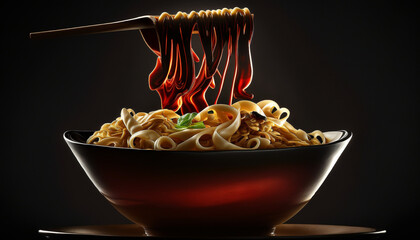 ward winning, Bowl of tasty Chinese noodles with soy sauce on red and black background