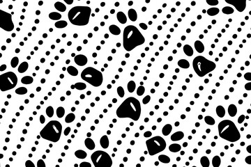 Fototapeta premium Seamless pattern with muliticolor contour cat footprint on blue background. Generative Ai