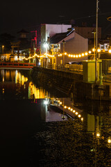 日本　香川県仲多度郡の琴平町を流れる金倉川沿いの夜景