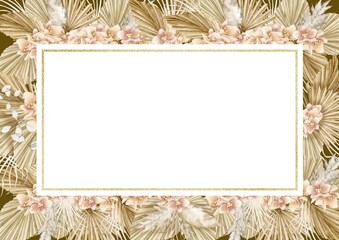Watercolor horizontal rectangular Frame with dried palm leaves and orchid flowers in Boho style. Hand drawn illustration. Template for greeting cards or invitations. Bohemian border in pastel colors.