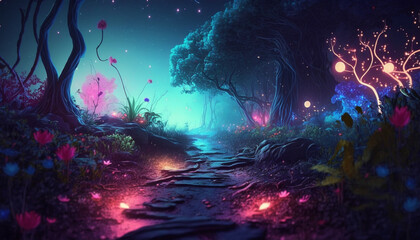 Obraz na płótnie Canvas Colorful bioluminescence plants in forest, crystals and glowing path, fireflies, Pandora planet at night, blue and pink glow, epic landscape in background. Generative AI.