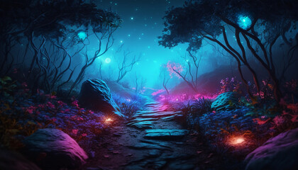Colorful bioluminescence plants in forest, crystals and glowing path, fireflies, Pandora planet at night, blue and pink glow, epic landscape in background. Generative AI.