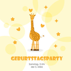 Invitation to the birthday party of a baby girl in German (Geburtstagsparty) with a giraffe. Vector illustration