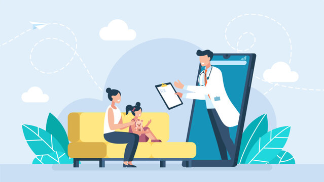 Doctor online. Mom with daughterconsults with a doctor via video call. Woman with child at online appointment with pediatrician. App on phone for remote medical care, support. Vector illustration