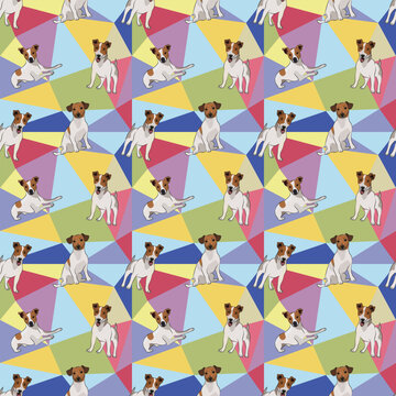 Jack Russell dog on a mosaic geometric background. Funky, colorful vibe, rainbow colors palette. Simple, clean, modern texture. Geometric, polygon style. Summer seamless pattern with dogs.Triangles.
