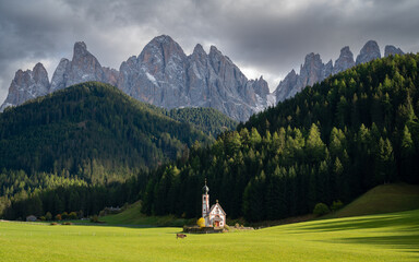Fototapeta na wymiar Tranquil scene from the chiesetta di San Giovanni (Funes), Dolomites, Italy. Green meadow with animals and snowy peaks with dark clouds