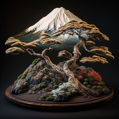 盆栽の背景に日本の富士山が描かれている、Generative AI