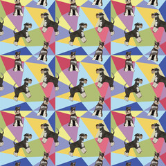 Miniature Schnauzer dog on a mosaic geometric background. Funky, colorful vibe, rainbow colors palette. Simple, clean, modern texture. Geometric, polygon style. Summer seamless pattern with dogs.