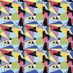 Newfoundland dog on a mosaic geometric background. Funky, colorful vibe, rainbow colors palette. Simple, clean, modern texture. Geometric, polygon style. Summer seamless pattern with dogs.Triangles.