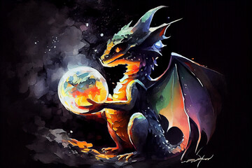 A charming baby dragon holding an Earth planet in its tiny hands, generative ai illustration in watercolor style