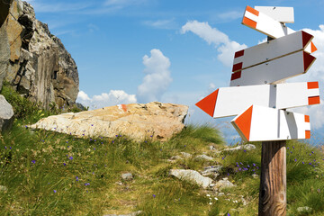 Blank directional trail signs in a summer mountain landscape, footpath on green grass in Italian Alps, Adamello Brenta national Park, Italy, Europe.