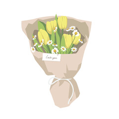 Bouquet of spring flowers. Yellow tulips and daisies.