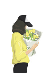 Young beautiful caucasian woman holding bouquet of spring flowers. Stylish spring bouquet with yellow tulips and daisies.