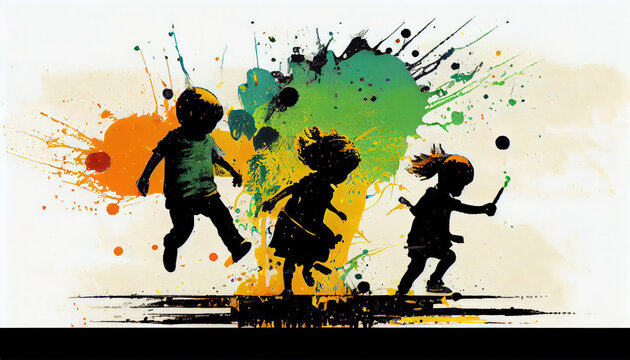 AI Generated image of ink style kids playing cute strong colors happy playing