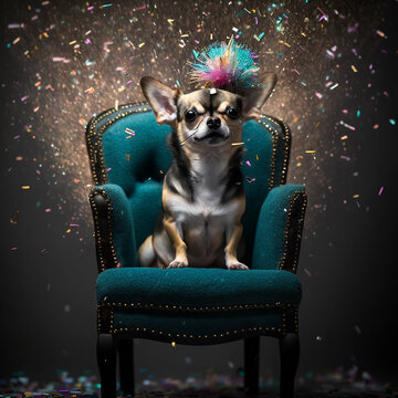 süßer Chihuahua  Hund hat Geburtstag und sitz mit Party Hut und Konfetti auf Stuhl - Generative AI Illustration