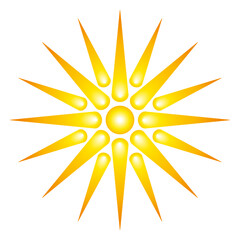 Vergina Sun, Argead Star symbol. Also Star of Vergina, Vergina Star or Star of the Argeadai, a rayed solar symbol in ancient Greek art. A halo of 16 triangular rays, around the head of sun god Helios. - obrazy, fototapety, plakaty
