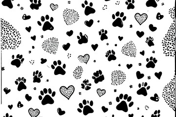 Fototapeta premium Seamless dog pattern with paw prints, bones, hearts and balls. Generative Ai