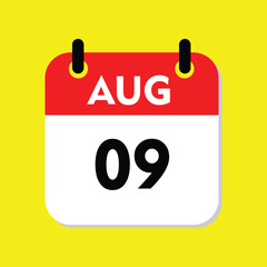 new calendar, 09 August icon with yellow background, calender