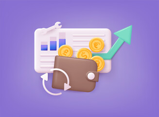 Cashback money refund icon concept. Wallet with coins and money. 3D Web Vector Illustrations.